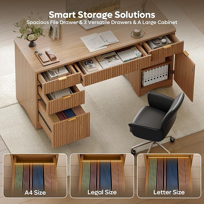 Bestier 63 Inch Fluted Executive Desk with Drawers, Wood Computer Desk with Ample File Drawer, Keyboard Tray & Storage Cabinet, Modern Home Office Desk for Study, Bedroom, Living Room, Brown