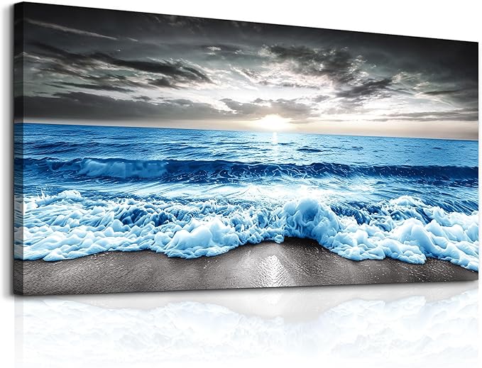 MHARTK66 Large Wall Decor For Office Wall Art For Living Room Modern Bedroom Wall Decor Blue Beach Sun Ocean Landscape Canvas Prints Wall Paintings Seascape Framed Pictures Artwork Home Decor 48x24