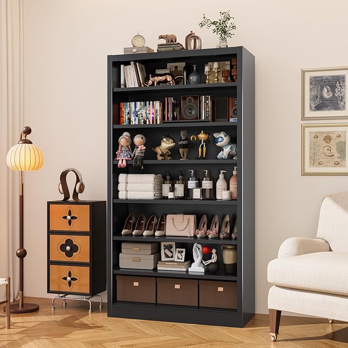Bookcase,7 Tier Bookshelf,55" Tall Free Standing Metal Bookcase with Adjustable Storage Shelves,Wide Bookshelf for Bedroom Living Room Home Office School (Black, 7 Tier 55"H x 27.5"W x 11.8"D)