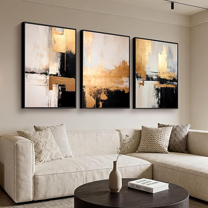 3Pcs Black Gold Abstract Wall Art Large Modern Minimalist Posters Prints Grey And Gold Graffiti Pictures And Paintings Neutral Art for Living Room Bedroom Bathroom Office Decorations Unframed