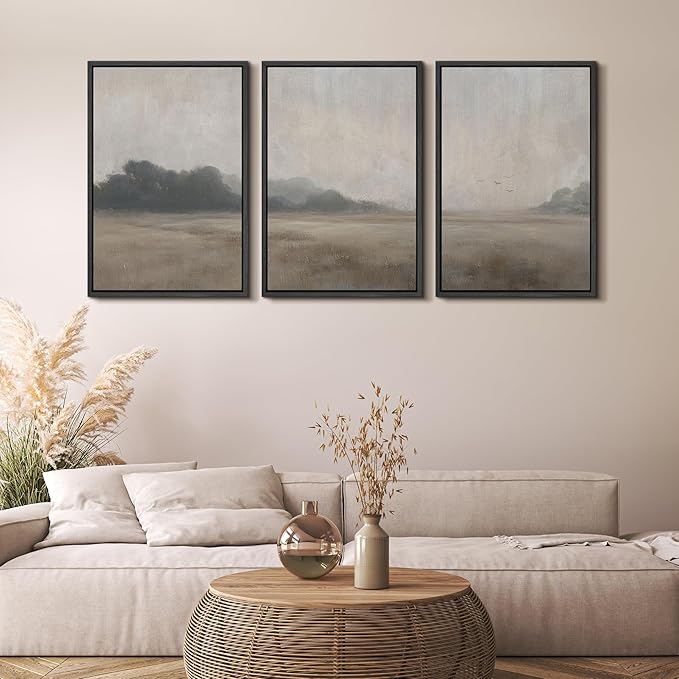 MUDECOR Framed Wall Art Print Set Serene MeadowTranquil Landscape with Foggy Fields and Distant Trees Illustrations Realism Decorative for Living Room, Bedroom, Office - 24"x36"x3 Black
