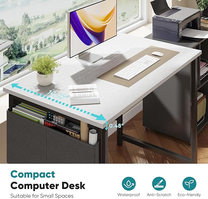 OLIXIS Computer Desk 31 Inch Home Office Desks for Small Spaces, Gaming Writing Study Work Table with Storage Bag for Bedroom, White