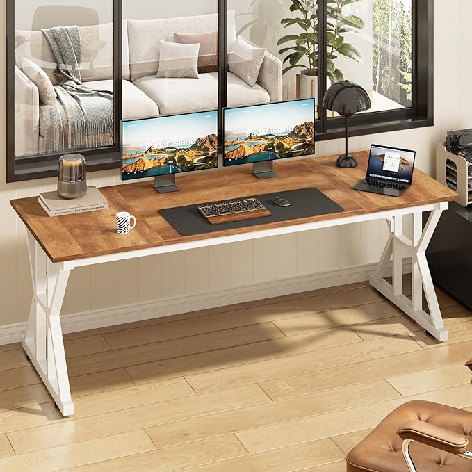 TVU Computer Desk, 63 inch Large Office Desk, Study Writing Table with Thicken Frame, Gaming Desk, Modern Simple Desk for Home Office, Brown