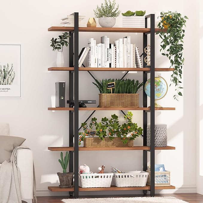 BATHWA Wood and Metal Minimalist 5 Tier Bookshelf, 6 feet Tall Open Rustic Wide Bookcase Industrial Style, Modern Wooden Big Book Shelf for Home Living Room Bedroom Office Storage, Rustic Brown