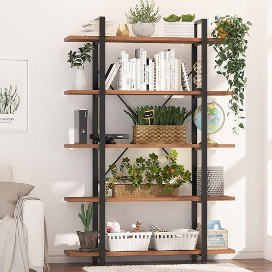 BATHWA Wood and Metal Minimalist 5 Tier Bookshelf, 6 feet Tall Open Rustic Wide Bookcase Industrial Style, Modern Wooden Big Book Shelf for Home Living Room Bedroom Office Storage, Rustic Brown