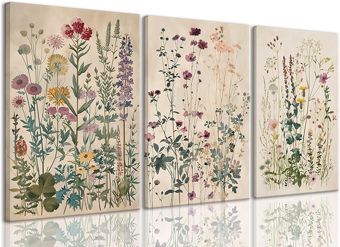 TUEASKY 3 Piece Canvas Wall Art Wildflower Wall Decor Botanical Pictures Floral Paintings Vintage Prints Watercolor Artwork for Bedroom Living Room