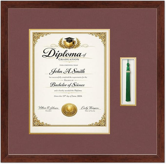 CountryArtHouse Diploma and Tassel Frame Fits 10 x 13 College Diploma (Portrait Traditional Rustic Walnut Genuine Hardwood Shadowbox with Dark Red Over Metallic Gold Double mat