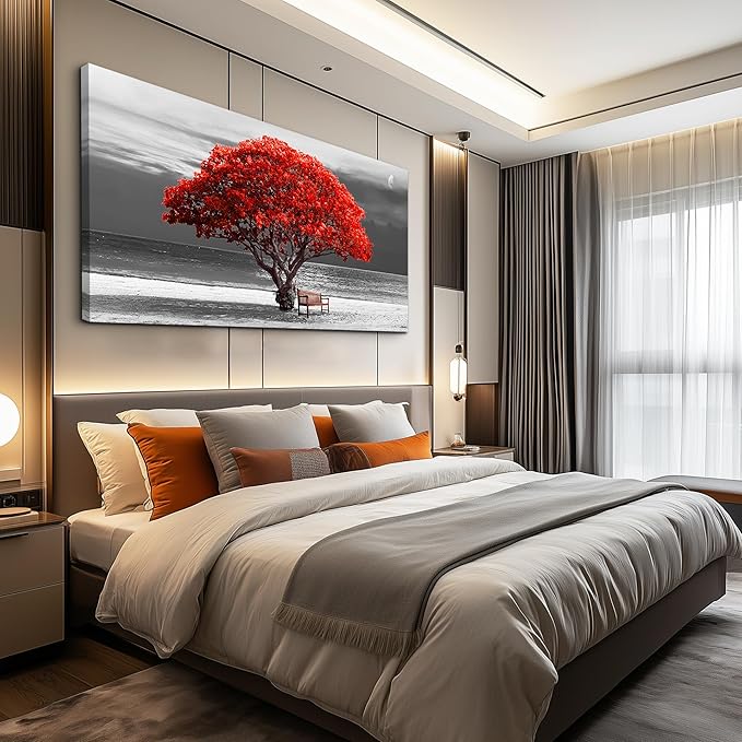 wall art for living room Decorations Photo Prints - panoramic black and white with red trees The moon Landscape - Modern Home Decor The room Stretched and Framed Ready to Hang artwork 30x60inches