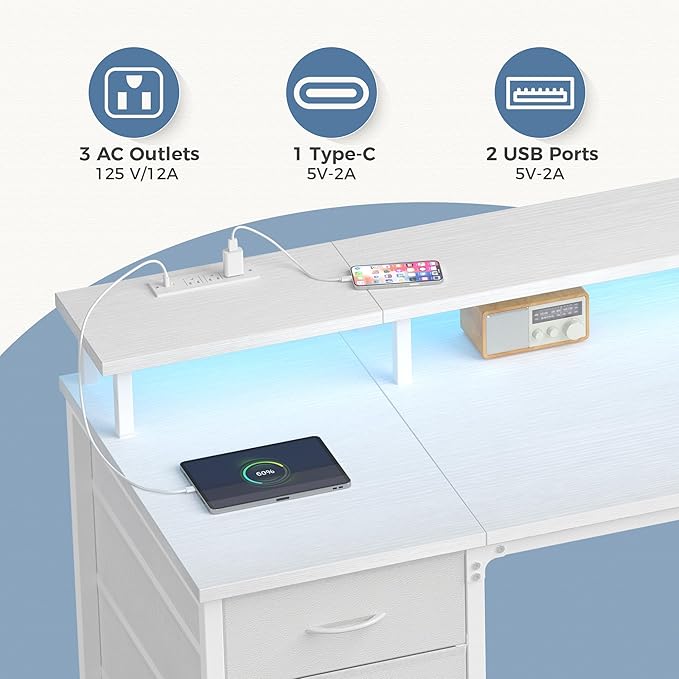 DUMOS 40 Inch Computer Desk with 4 Drawers,4 Drawer Gaming Desk with with Power Outlets and LED Lights,Office Desk for Small Spaces with Monitor Shelf,Writing Desk for Home Office,Bedroom, Study,White