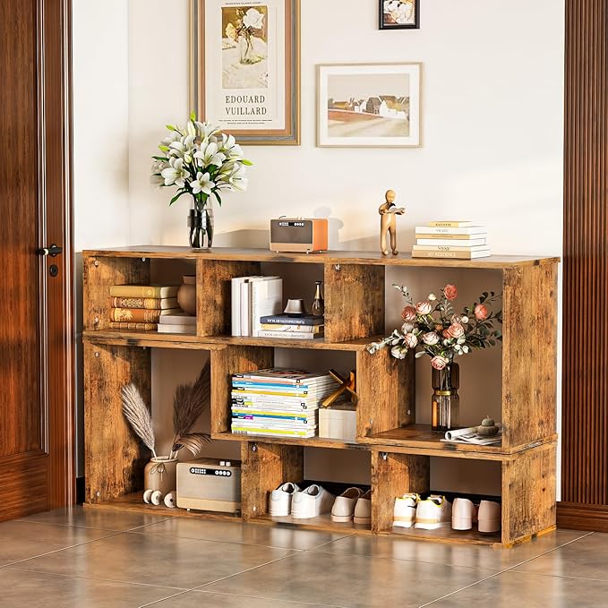 Recaceik Cube Bookshelf 2 Shelf Bookcase L-Shaped TV Console Stand Modern Entertainment Center with Open Storage Shelves for CDs/Movies/Books for Living Room, Bedroom, Home Office（Rustic Brown）