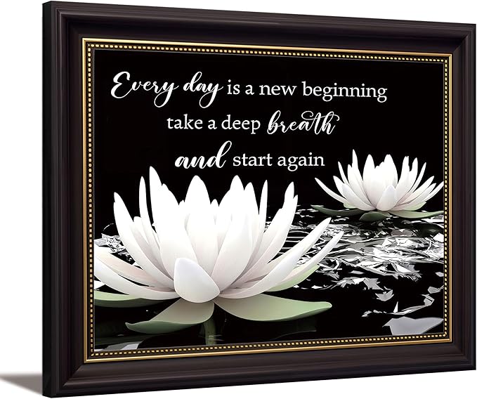 Dark Brown Frame Zen White Lotus Canvas Wall Art On In Water Blooming White Lotus Picture Wall Decor Spiritual Meditation Poster Print Painting for Modern Yoga Spiritual Spa Home Decoration