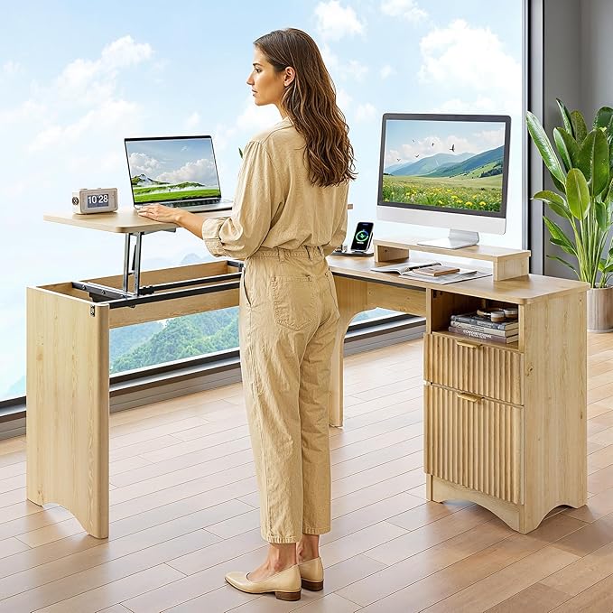Bestier L Shaped Desk with Lift Desktop, 55 inch Corner Desk with Fluted Panel Deisgn Drawers, Modern Office Desk with File Drawer (Natual Oak, 55'' x 55'' Lift Top)