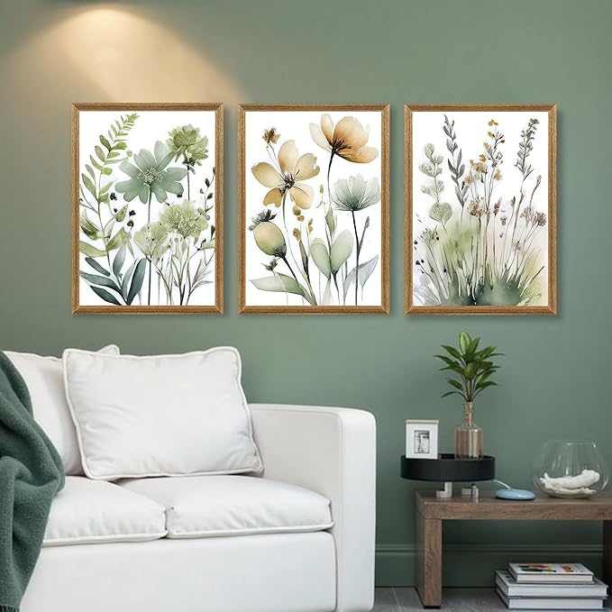 SYWENNOI Wood Framed Green Botanical Canvas Wall Art, Boho Floral Watercolor Art Wall Decor, Minimalist Flower Pictures Poster Prints for Bedroom Bathroom Living Room Ready to Hang 16x24 Inches
