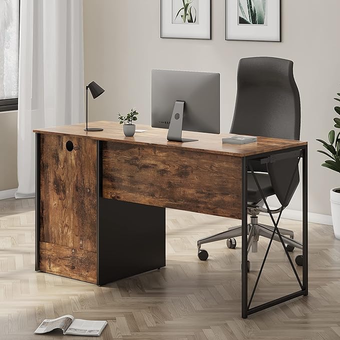 Bestier Office Desk with Drawers, 55 inch Industrial Computer Desk with Storage, Wood Teacher Desk with Keyboard Tray & File Drawer for Home Office, Rustic Brown