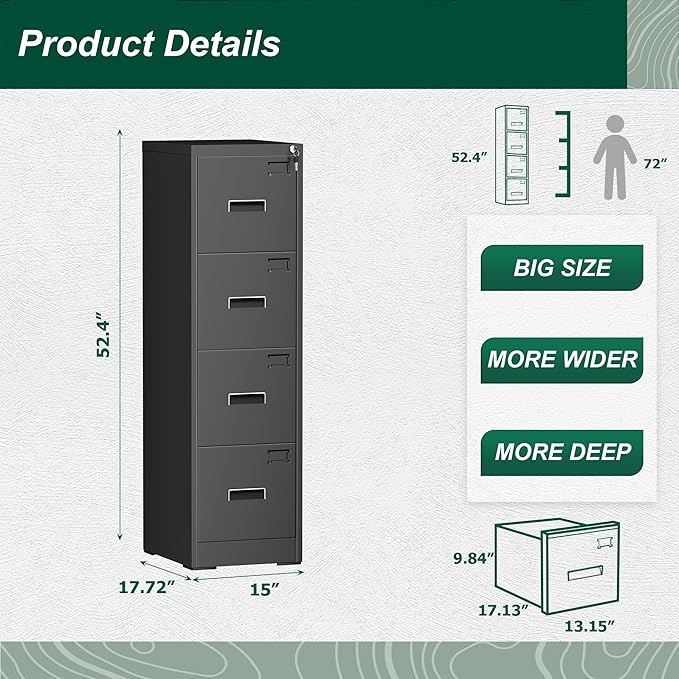 Superday 4 Drawer File Cabinets, 18” D Vertical File Cabinet with Lock, Locking Filing Cabinet for Home Office, Black Metal Filing Cabinets for Hanging Letter/Legal Folders, Easy Assemble
