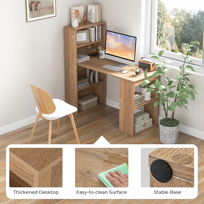 Giantex 48 Inch Computer Desk with Bookshelf, 3-in-1 Home Office Desk with 4-Tier Bookcase & CPU Stand, Space-Saving Reversible Writing Desk Work Table for Bedroom, Study Room, Office (Natural)