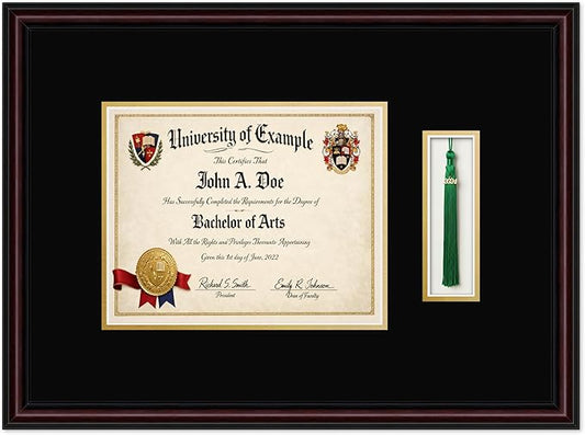 CountryArtHouse Diploma and Tassel Frame Fits 10 x 8 Professional License with Tassel Hook Executive Brown Genuine Hardwood Shadowbox with Black Over Metallic Gold Double mat