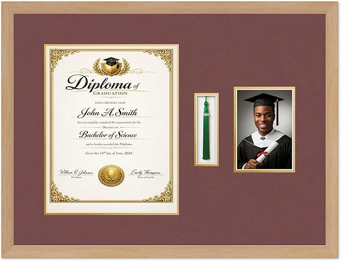 CountryArtHouse Diploma Tassel and Photo Shadowbox Fits 11 x 14 College Diploma (Portrait) with Tassel Natural Wood Genuine Hardwood with Dark Red Over Metallic Gold Double mat