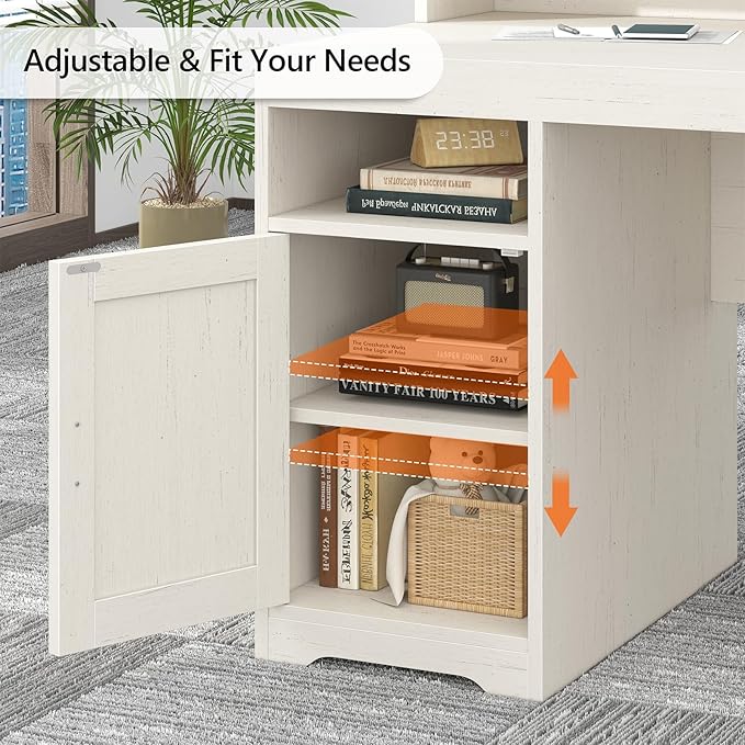 TVU Farmhouse Computer Desk with Drawers, 65'' Home Office Desk with Power Outlets, Storage Cabinet and Printer Stand, Study Writing Desks with Long Monitor Stand, White