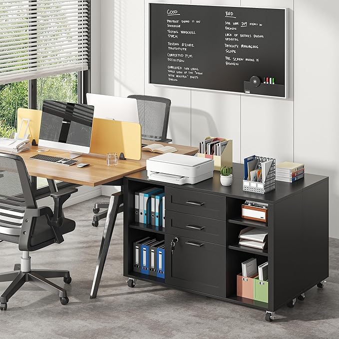 3 Drawer Wood Mobile Large lateral File Cabinet with Lock, Lockable Rolling Filing Cabinet with Open Storage Shelves, Printer Stand Office Storage for Home Office Fits Files Legal/A4, Black