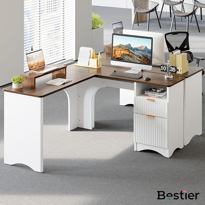 Bestier L Shaped Desk with File Drawer, 55.7" x 55" Office Computer Desk with Round Corners, Modern Desk with Monitor Stand & Fluted Panels for Home Office, White & Walnut