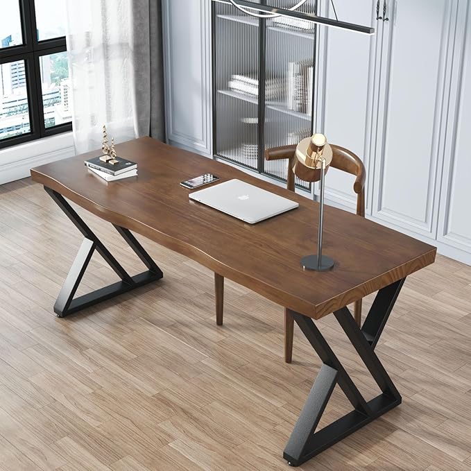 55inch Solid Wood Desk Wide Home Office Desk,Metal Modern Industrial Writing Table, Workstation, Perfect Table for Your workspace Study Table Furniture in Rustic Natural Aged Brown