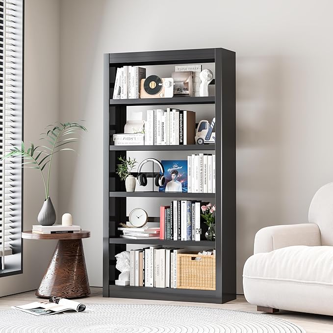 Black Bookshelf，6-Tier Bookcase with Adjustable Storage Shelves，Metal Bookshelf with Book Stopper for Living Room, Home Office, Library