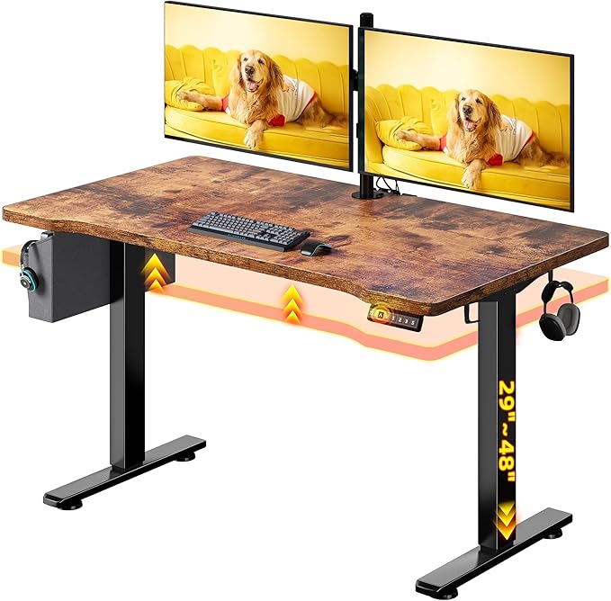 EnHomee Gaming Desk with LED Lights,Computer Desk Adjustable Electric Standing Height Office Desk with 3 Memory Preset,Storage Side Pocket and Cable Management,Rustic Brown，48 x 24 Inch