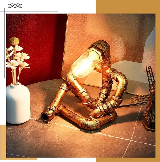 VIHOSE Steampunk Table Lamp, Creative Pipe Robot Lamp, Vintage Industrial Water Pipe Light for Bedside Nightstand Reading Room Office Cafe Bar Decor Father's Day Men Gifts