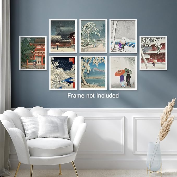SIGNWIN Poster Wall Art Set of Two Women in The Rain, Two Women in The Snow, Walking by a Temple on a Snowy Day for Living Room, Bedroom, Office - 8"x10"x 8