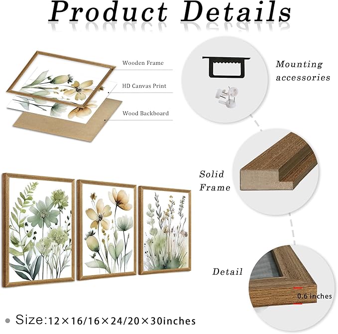 SYWENNOI 3 Pieces Wood Framed Green Botanical Canvas Wall Art, Boho Floral Watercolor Art Wall Decor, Minimalist Flower Pictures Poster Prints for Bedroom Bathroom Living Room Ready to Hang 20x30 In