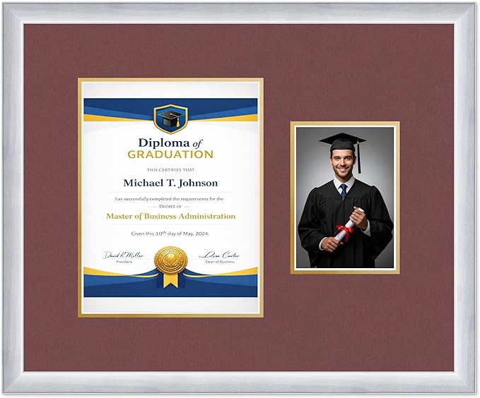 Diploma Frame With Photo Opening Stainless Silver Dark Red Over Gold Mat - Fits 8.5 x 11 Degree and Picture Made in the USA