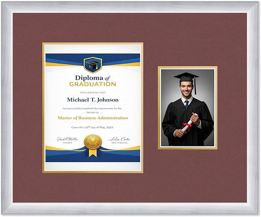 Diploma Frame With Photo Opening Stainless Silver Dark Red Over Gold Mat - Fits 8.5 x 11 Degree and Picture Made in the USA