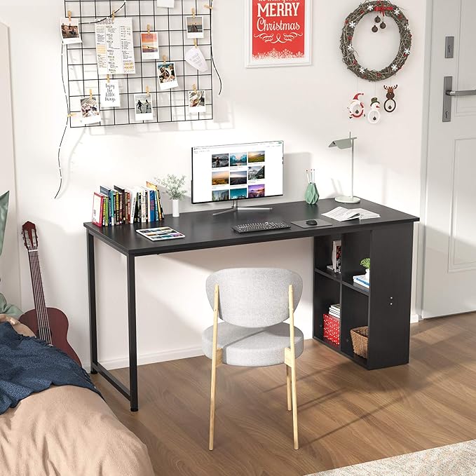 Topfurny 47.2'' Computer Desk with Storage Shelves, Modern Home Office Desk Computer Table with Cabinets, Student Studying Writing Desk Wood Desk Workstation for Home Office, Black