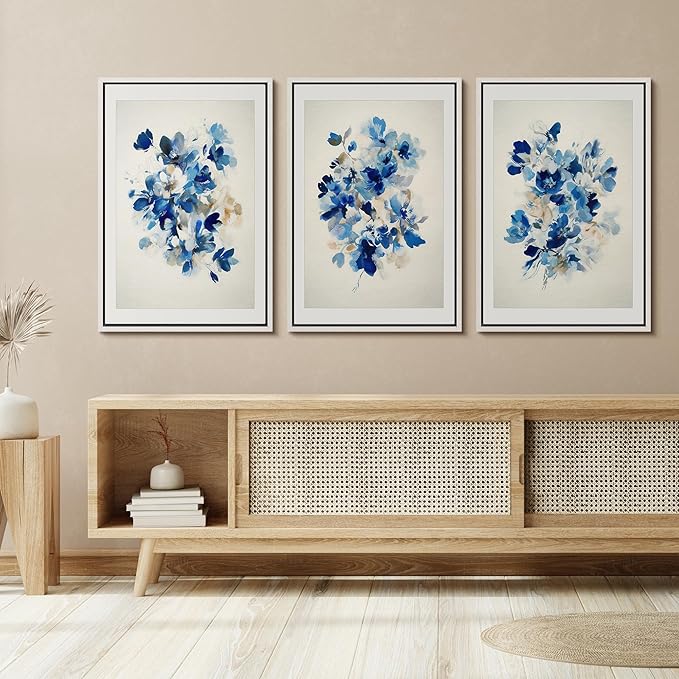 SIGNFORD Framed Wall Art Print Set Blue Blossom Watercolor Floral Botanical Digital Art Modern Art Contemporary for Living Room, Bedroom, Office - 16"x24"x3 WHITE