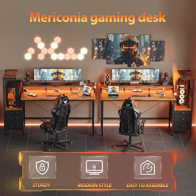 Mericonia Gaming Desk with Power Outlets & LED Lights, Reversible Computer Desk with PC Case Stand, Fabric Drawers, Modern Office Desk with Shelves, Monitor Stand