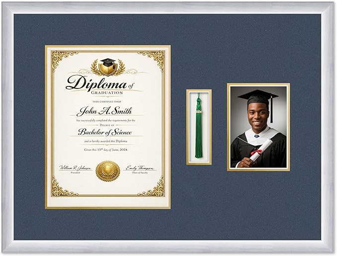 CountryArtHouse Diploma Tassel and Photo Shadowbox Fits 10 x 13 College Diploma (Portrait Traditio Stainless Silver Genuine Hardwood with Navy Blue Over Metallic Gold Double mat