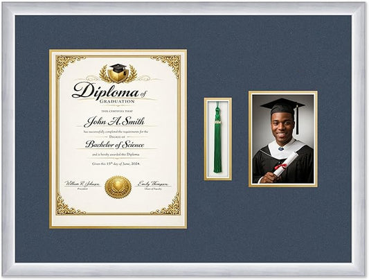 CountryArtHouse Diploma Tassel and Photo Shadowbox Fits 10 x 13 College Diploma (Portrait Traditio Stainless Silver Genuine Hardwood with Navy Blue Over Metallic Gold Double mat