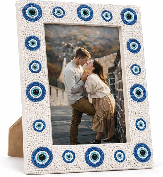 Folkulture Picture Frame for Wall or Tabletop | Evil Eye 5x7 Aesthetic, Cute, Protective Evil Eye Design Photo Frame| Vertical & Horizontal Display | Handmade Housewarming Gifts