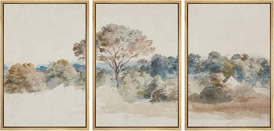 SIGNFORD Framed Wall Art Print Set Pastoral Elegance Soft Watercolor Trees and Fields Illustrations Modern Decorative Multicolor Relax/Calm Chic for Living Room, Bedroom, Office - 16"x24"x3 Natural