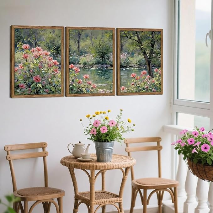 Framed Monet Wall Art Set of 3, Impressionist Botanical Floral Canvas Wall Decor, Vintage Cottagecore Artwork Paintings, Nature Landscape Flowers Prints Pictures for Living Room Bedroom 16x24 Inch