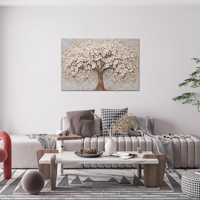 Canvas Wall Art Decor Modern Botanical Wall Art Pictures for Living Room Tree of Life Wall Art Decor White Flower Wall Art Prints Canvas Art Wall Decor Artwork for Walls Bedroom Office Decor 24" X 36"