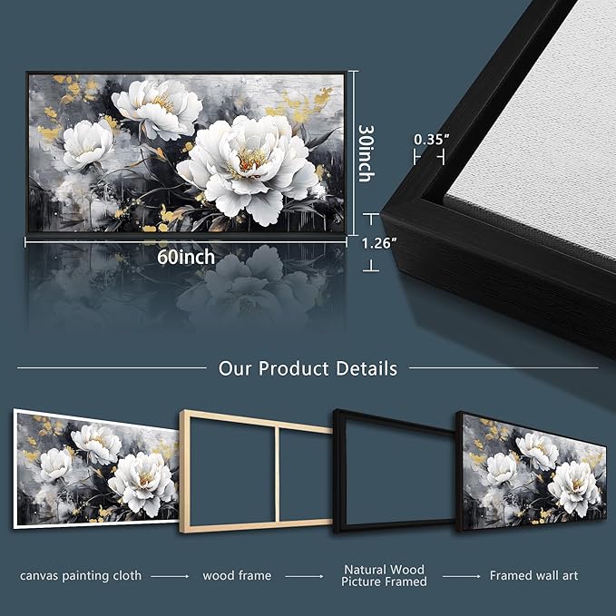 PHAOHUAXM Large Framed Canvas Wall Decor For Living Room Wall Art For Bedroom Modern Abstract Painting Ink-Wash White Flowers With Black Frames Dining Room Home Decor Print Artwork Posters 30"X60"