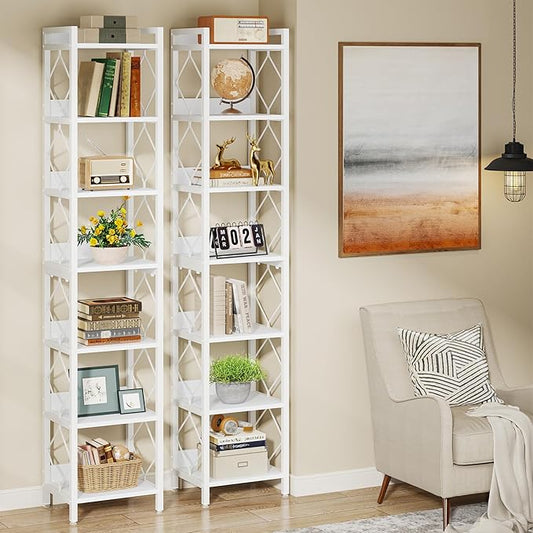 Tribesigns 78.7 Inch Extra Tall Narrow Bookshelf Set of 2, 7 Tier Skinny Bookcase for Small Spaces, Freestanding Display Shelves, Multifunctional Corner Storage Organizer for Home Office, White