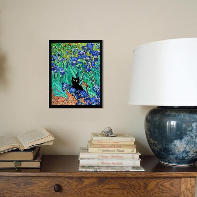 Fantasy Artists Van Gogh Irises Cat Wall Art, Framed Vintage Garden Canvas Wall Decor, Funny Black Cat Poster Prints, Paintings,Bathroom,bedroom,Living Room Artwork Decorations 8" Wide X 10" Height
