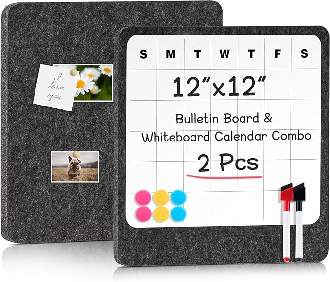 DOLLAR BOSS Felt Bulletin Board & Dry Erase Whiteboard Calendar Combo 2 Pcs 12" X 12" Magnetic White Board Cork Board for Wall Frameless Combination Board with Pins Wall Decor for Home School Office
