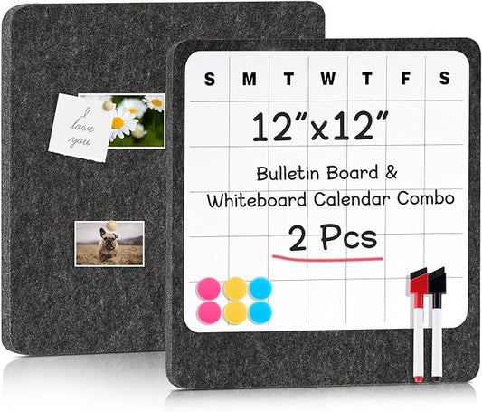 DOLLAR BOSS Felt Bulletin Board & Dry Erase Whiteboard Calendar Combo 2 Pcs 12" X 12" Magnetic White Board Cork Board for Wall Frameless Combination Board with Pins Wall Decor for Home School Office