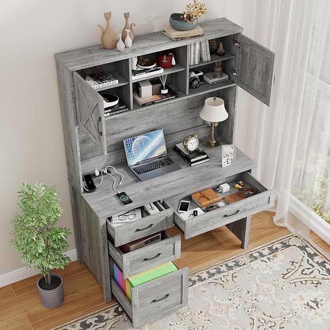 Farmhouse 67" H Executive Desk with Hutch,Office Desk with 4 Drawers and LED light, Computer Table with Storage Cabinet & File Drawers and Charging Station, Wood Workstation for Home Office and Study