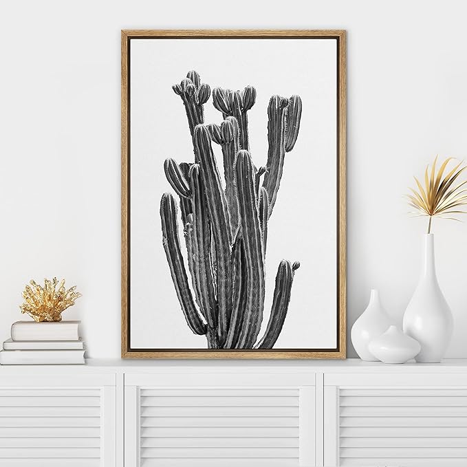 SIGNWIN Framed Canvas Print Wall Art Black White Minimal Saguaro Desert Cactus Nature Wilderness Photography Modern Art Southwest Floral Rustic for Living Room, Bedroom, Office - 16"x24" Natural