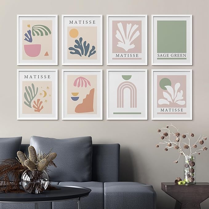 SIGNWIN Framed Poster Wall Art Set of Collage Henri Matisse Pastel Plant Blocks Nature Abstract Illustrations for Living Room, Bedroom, Office - 12"x16"x 8 White